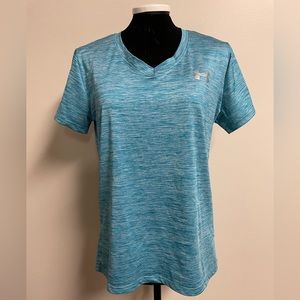 Under Armor Women’s athletic tee shirt. Size large, light blue, v-neck.